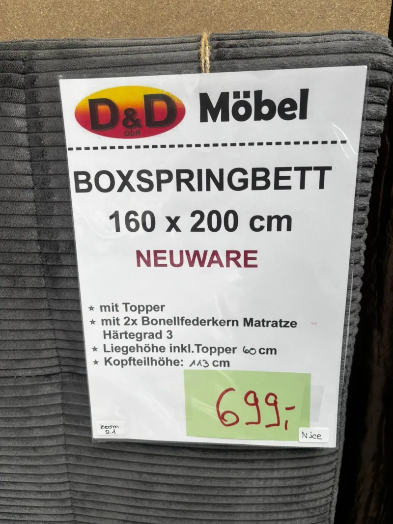 Boxspringbett Cord Grau 160x200 cm mit Topper - Bild 3