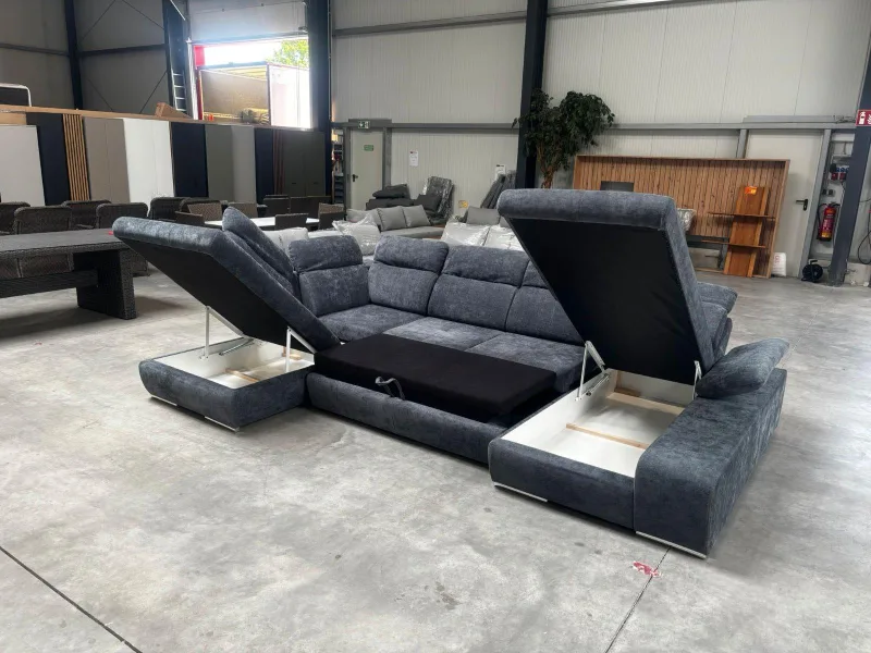 Schlafsofa U-Form Webstoff Grau mit Bettkasten - Bild 4