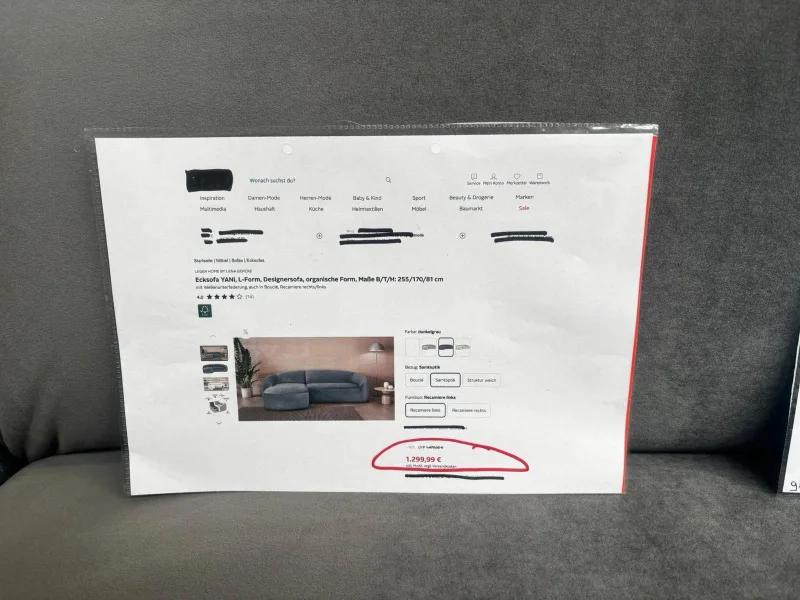 Ecksofa Samt Grau 275x190x80 cm Wellenfederung - Bild 5
