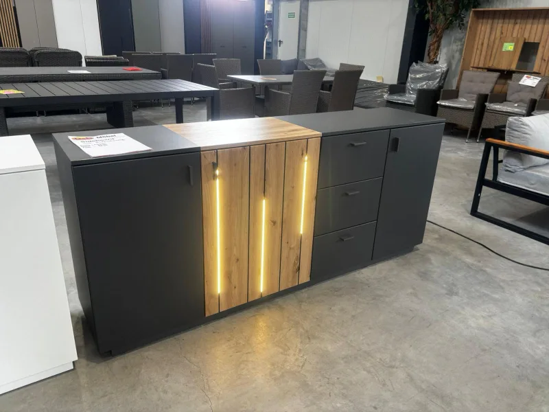 Sideboard Grau Matt Eiche LED 196x85x44 cm