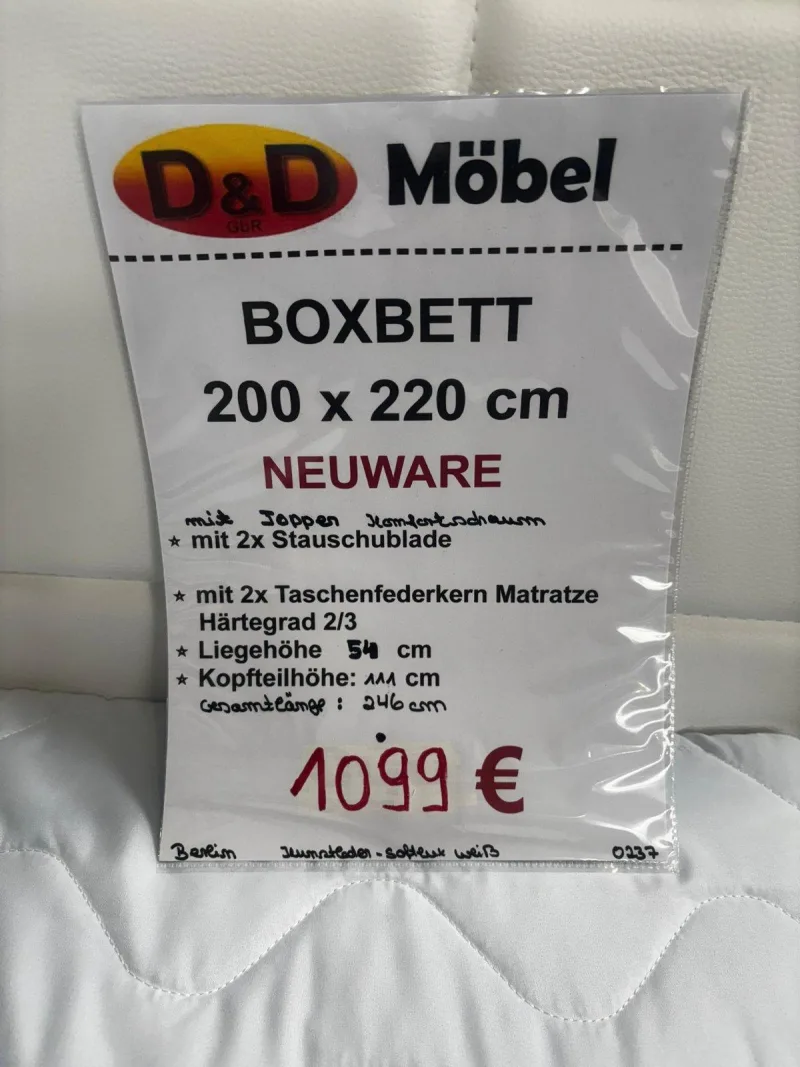 Boxbett weiß Kunstleder 200x220 cm mit Topper - Bild 3