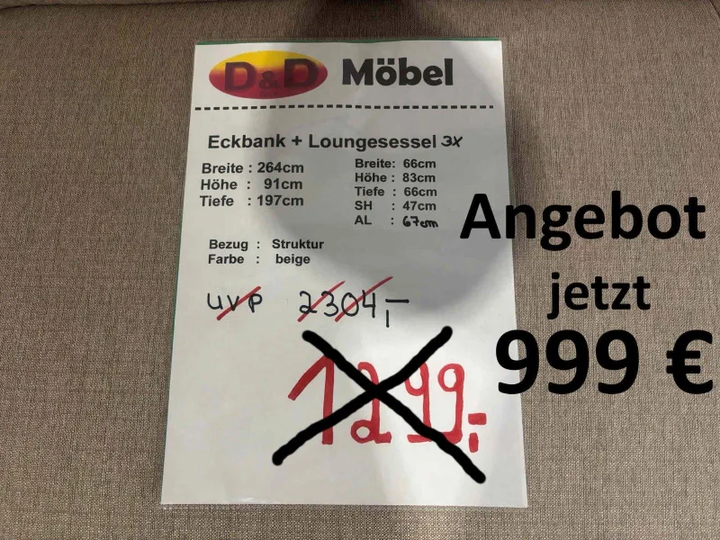 Eckbank Beige Strukturstoff 264x197 cm + 3 Sessel - Bild 2